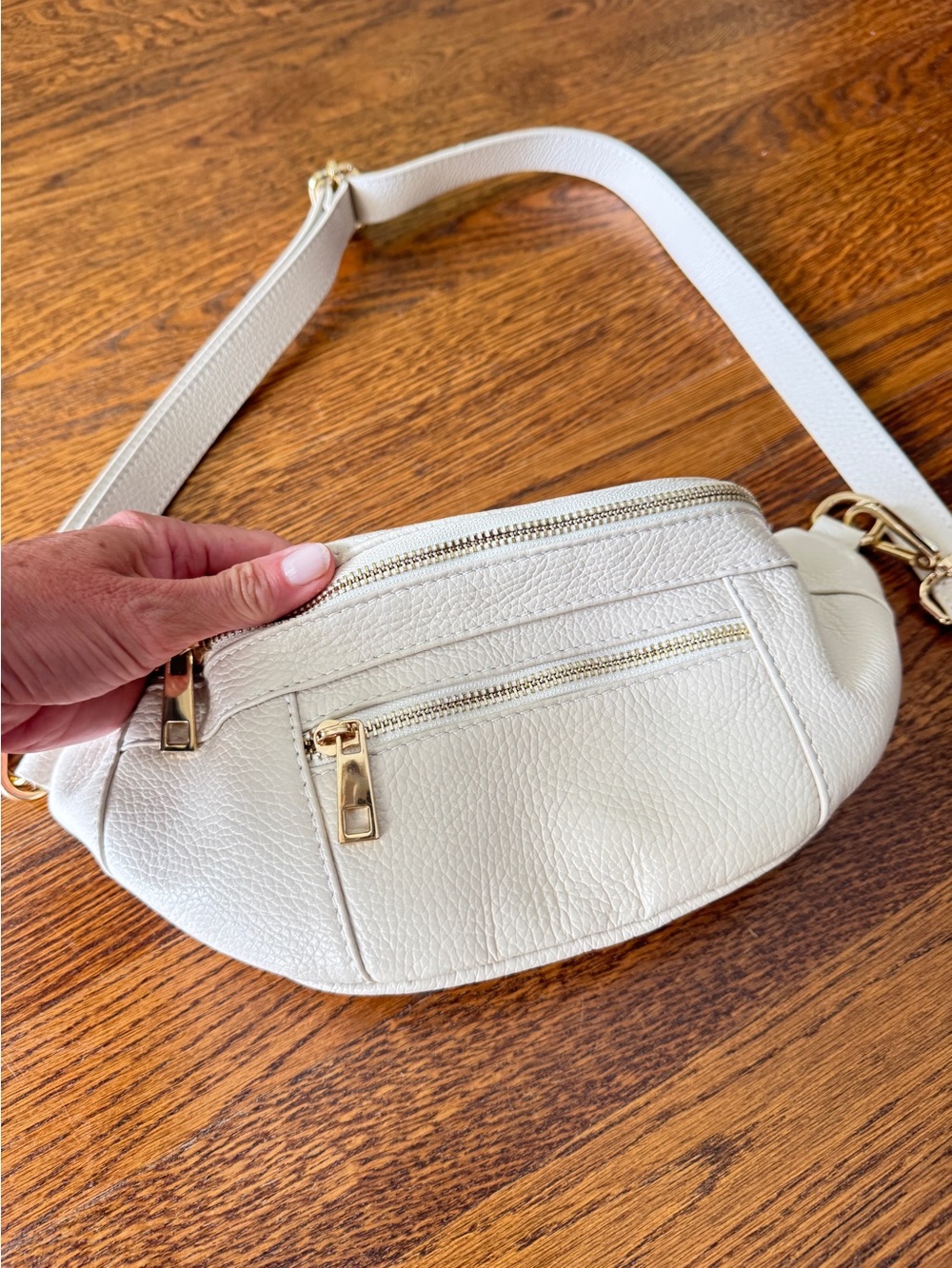 Off White Leather Crossbody Belt Bag with Gold Hardware